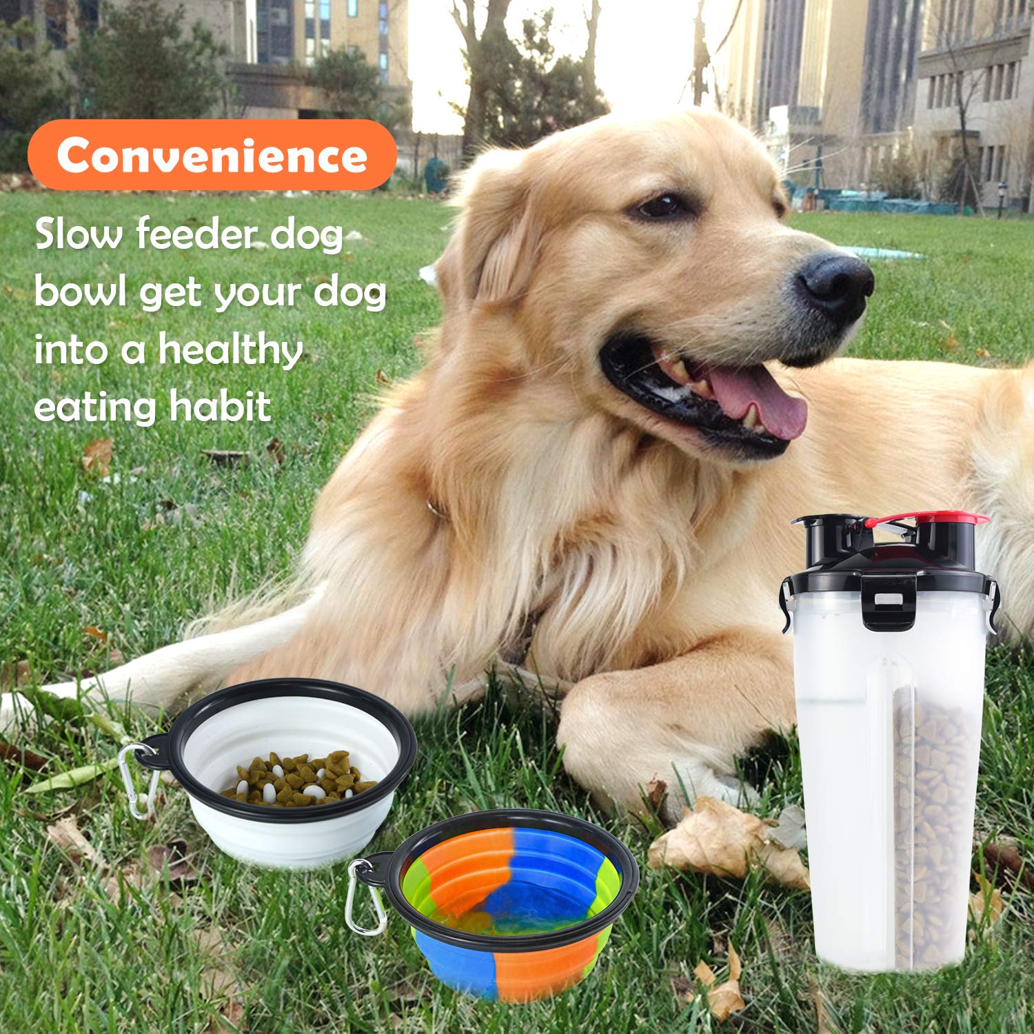 ZukoCert Dog Water Bottle Pet Food Container 2-in-1 with Collapsible Travel Dog Bowls Slow Feeder Outdoor Portable Dog Feeder Drinking Cup