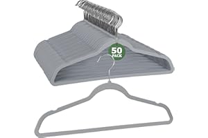 FLYSUMS Hangers 50 Pack Plastic Hangers Rubber Coated Space Saving, 17.5 Inches Wide Durable Coat Hanger, Non Slip, 360 Rotating Hook, Gray/Silver