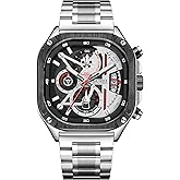 BUREI Men's Fashion Silver Watches Chronograph Multifunction Watch Stainless Steel Strap Waterproof Watch Casual Square Watch Analog Quartz Watches with Calendar for Business and Collection