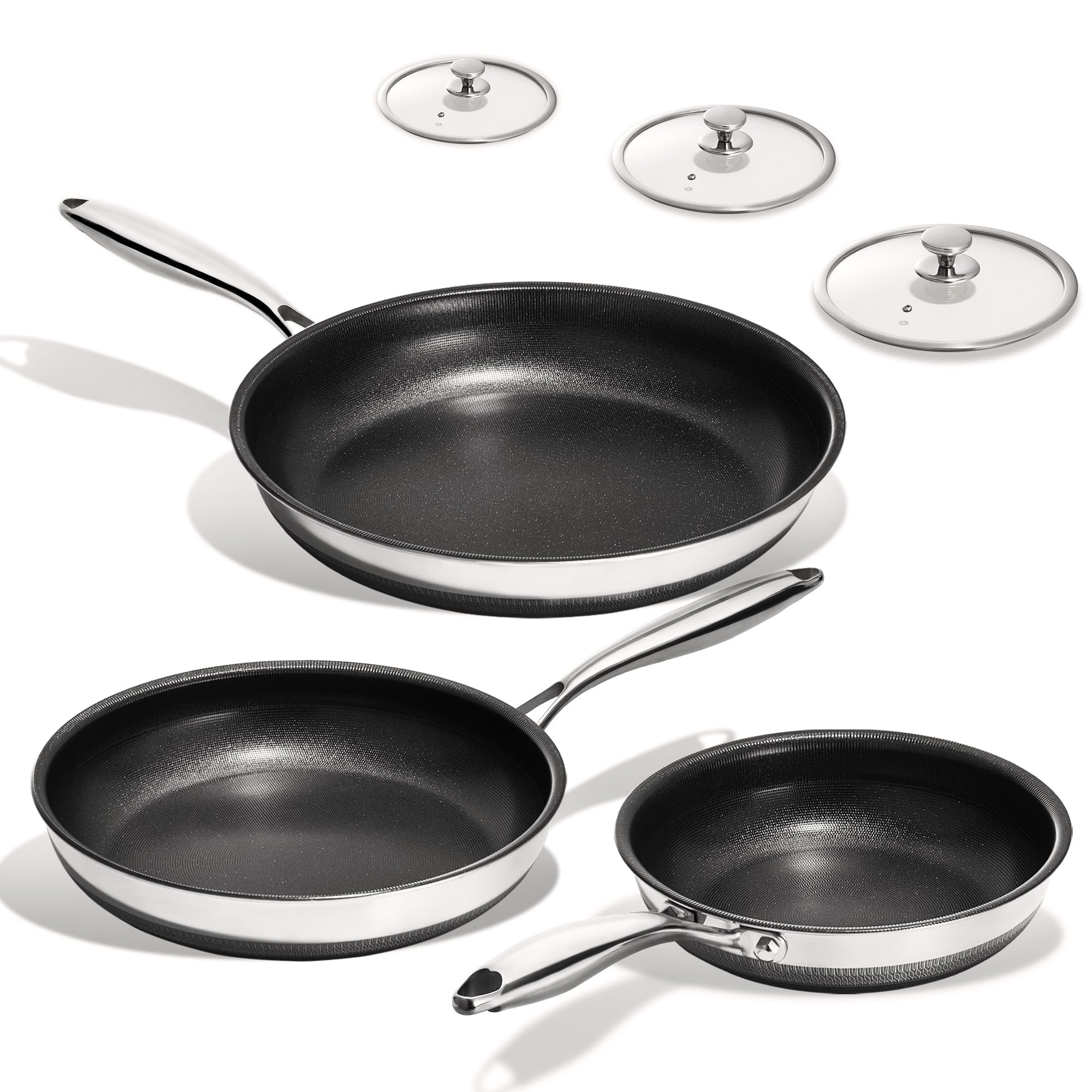Photo 1 of KITEXPERT Non Stick Frying Pans Set, Titanium Ceramic Pan with Lids, Nonstick Skillet Stainless Steel, PFAS PFOA & PTFE Free, Dishwasher & Oven Safe, All Cooktops Compatible, 3 Piece (8, 10, 12")