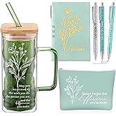 Abbylike 6 Pcs Employee Appreciation Gift Set for Women Team Coworker Staff Office Thank You Gift May You Be Proud 14oz Glass Tumbler with Handle Makeup Bag Journal Ballpoint for Boss Teacher(Green)