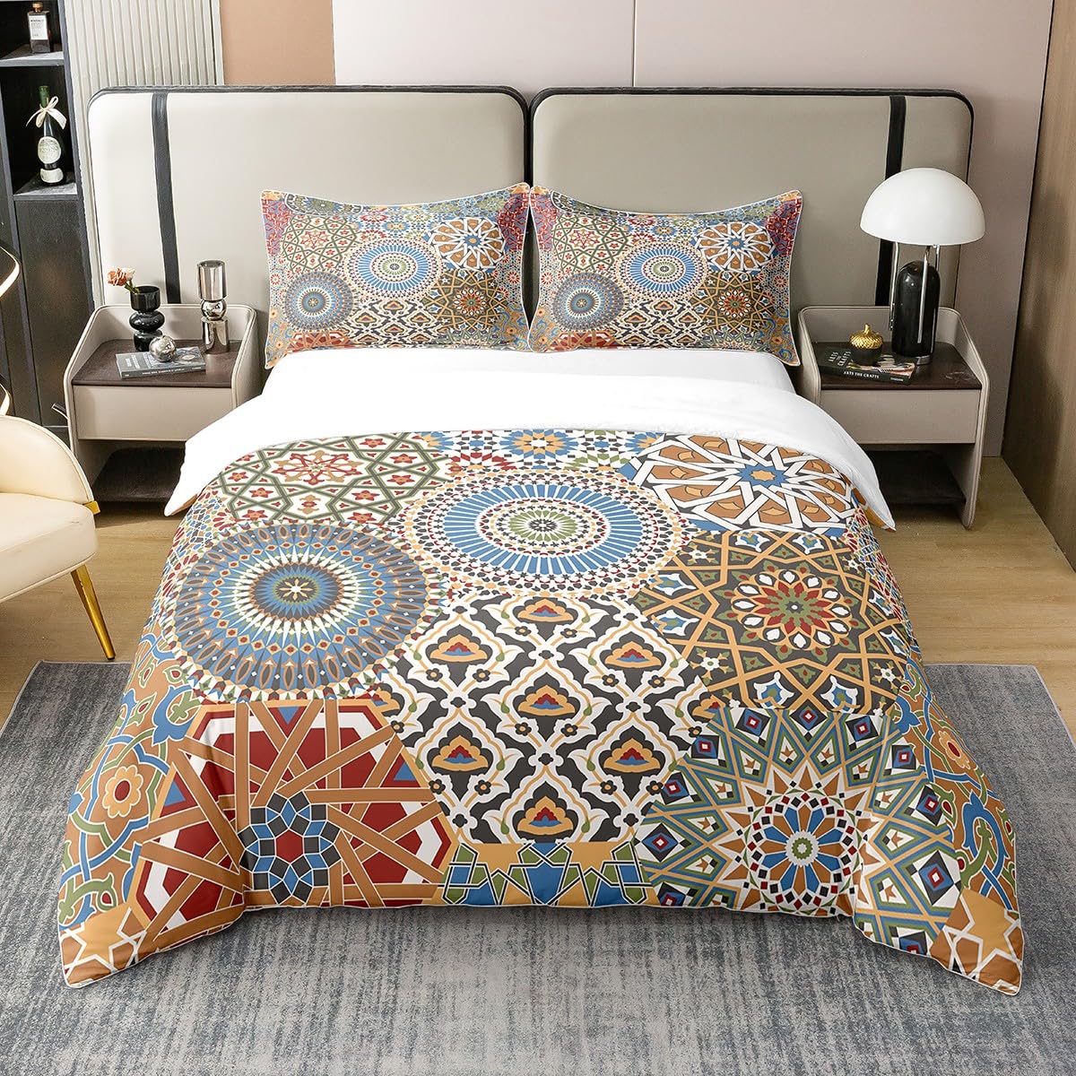 Pure Cotton Patchwork Flowers Duvet Cover Double Moroccan Style Floral Comforter Cover Colorful Bohemian Exotic Bedding Set Soft Breathable Bedspread Cover Stylish Comfy Bedroom Decor