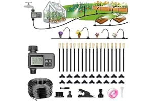 HEKIWAY 60FT Drip Irrigation System with Water Timer – Automatic Garden Watering Kit with 360° Bendable Hose & Adjustable Nozzles, Smart Irrigation System for Greenhouse, Lawn, Yard & Plants