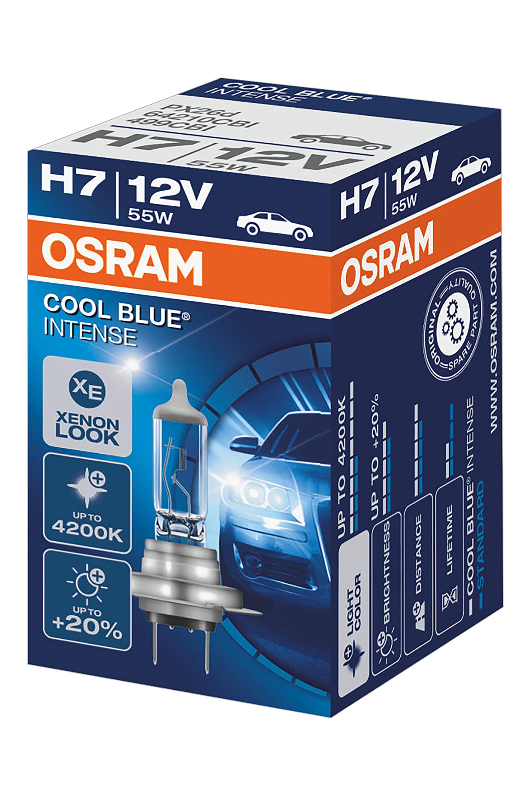 OSRAM COOL BLUE INTENSE H7, headlight bulb for halogen headlamps, xenon effect for white light, 64210CBI, 12 V passenger car, 1 folding carton box (1 unit)
