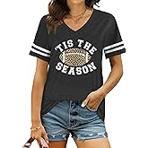 PICKID Football Shirts for Women: Game Day Tshirt Football Season Graphic Tee Sunday Funday Short Sleeve V Neck Top