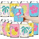 HAPPARTY 12PCS Hawaiian Luau Tropical Tribal Totem Drinks Can Sleeves, Summer Flamingo Beverage Beer Cooler Holder for Birthday Baby Shower Party Favor Gift Pool Beach Aloha Tiki Decoration Supplies