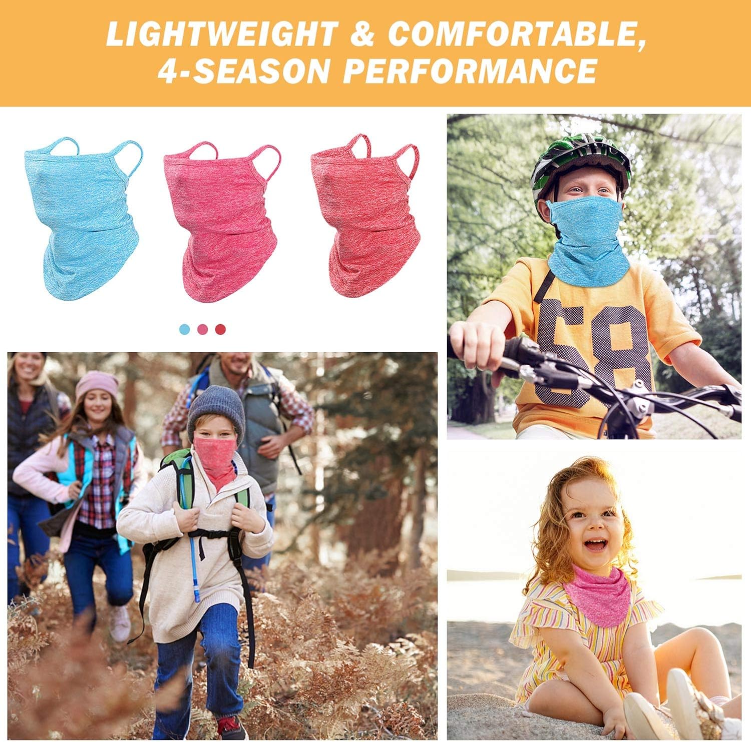 MoKo Kids Neck Gaiter Face Mask, 3 Pack Scarf Bandana Mask with Ear Loops for Kids Balaclava UV Sun Protection Dust Wind Proof Children Outdoors Cycle Skating Bandanas Headband for Girls Boys: Computers & Accessories