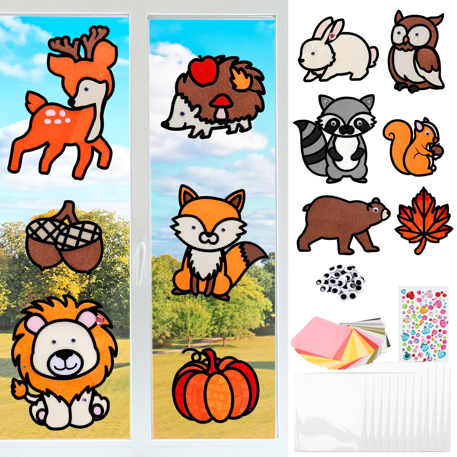 MONCAP 12pcs Cartoon Animal Stained Glass Effect Paper DIY Craft Kits for Kids, Woodland Autumn Animal Stained Glass Decoration