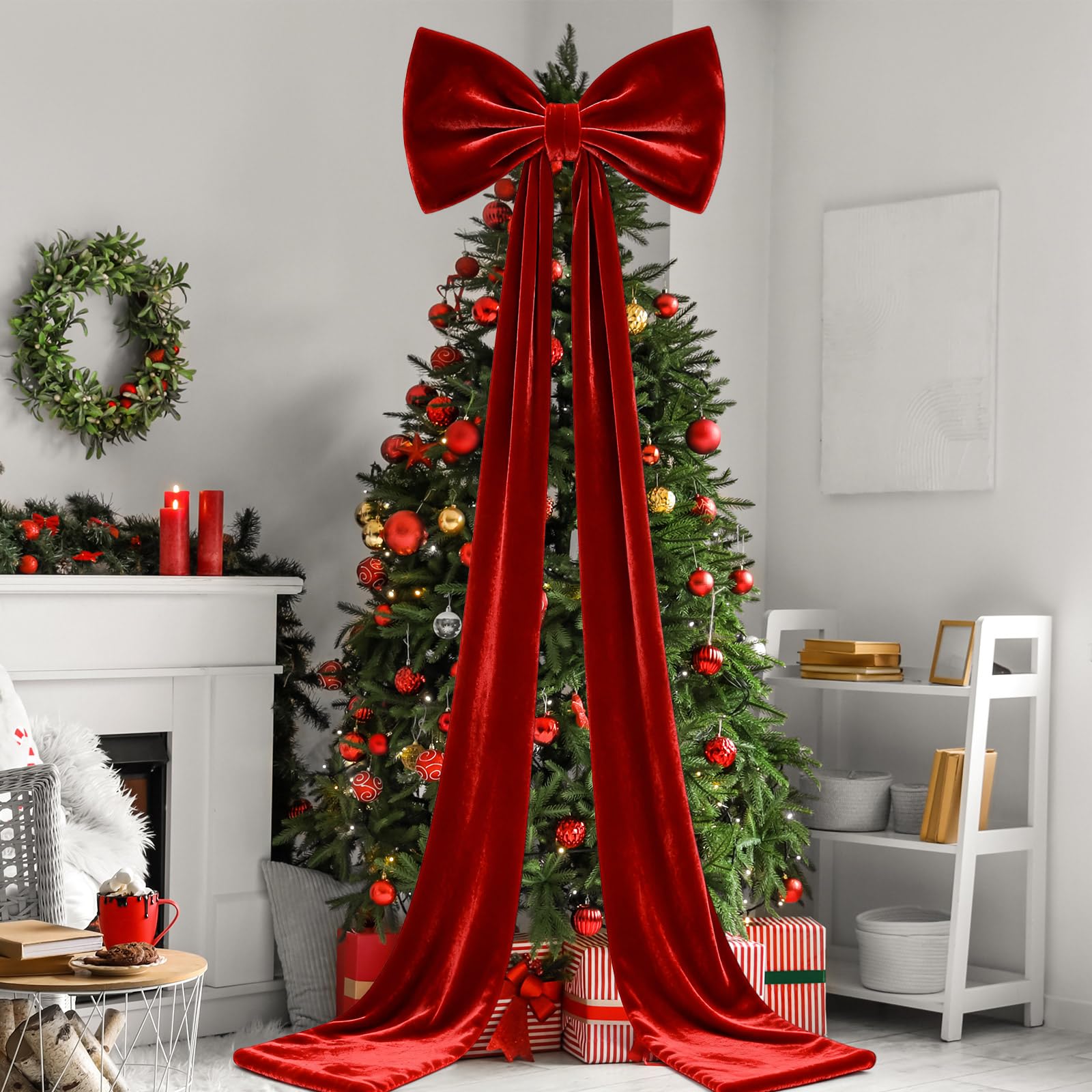 Photo 1 of 118 x 31 Inch Giant Christmas Tree Topper Bow Extra Large Velvet Bow for Christmas Decoration Huge Xmas Tree Bows with Streamers for Home Holiday Birthday Wedding Party Decor Supplies (Burgundy)