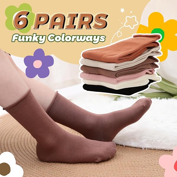 JAKIDAR GIRLS CREW SEAMLESS SOCKS KIDS CASUAL DRESS COTTON SOCKS 6 PAIRS, BEIGE BLACK BROWN PINK SIGNAL BROWN WHITE, 8-12Y