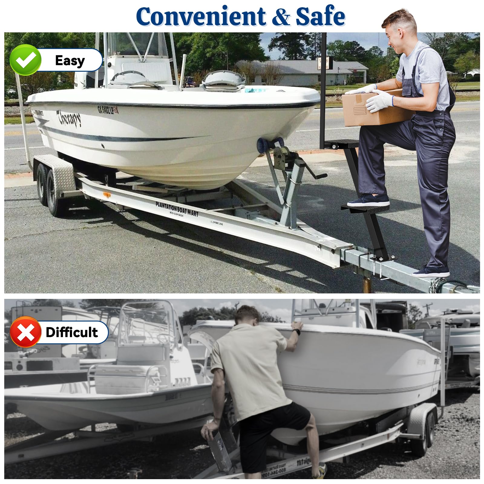 Sliandtelly Boat Trailer Step with Handle - Heavy Duty Anti-Slip, Rust-Proof Boarding Steps for Front Tongue Frame, Easy Install with Mounting Hardware Fits Bass & Pontoon Boats