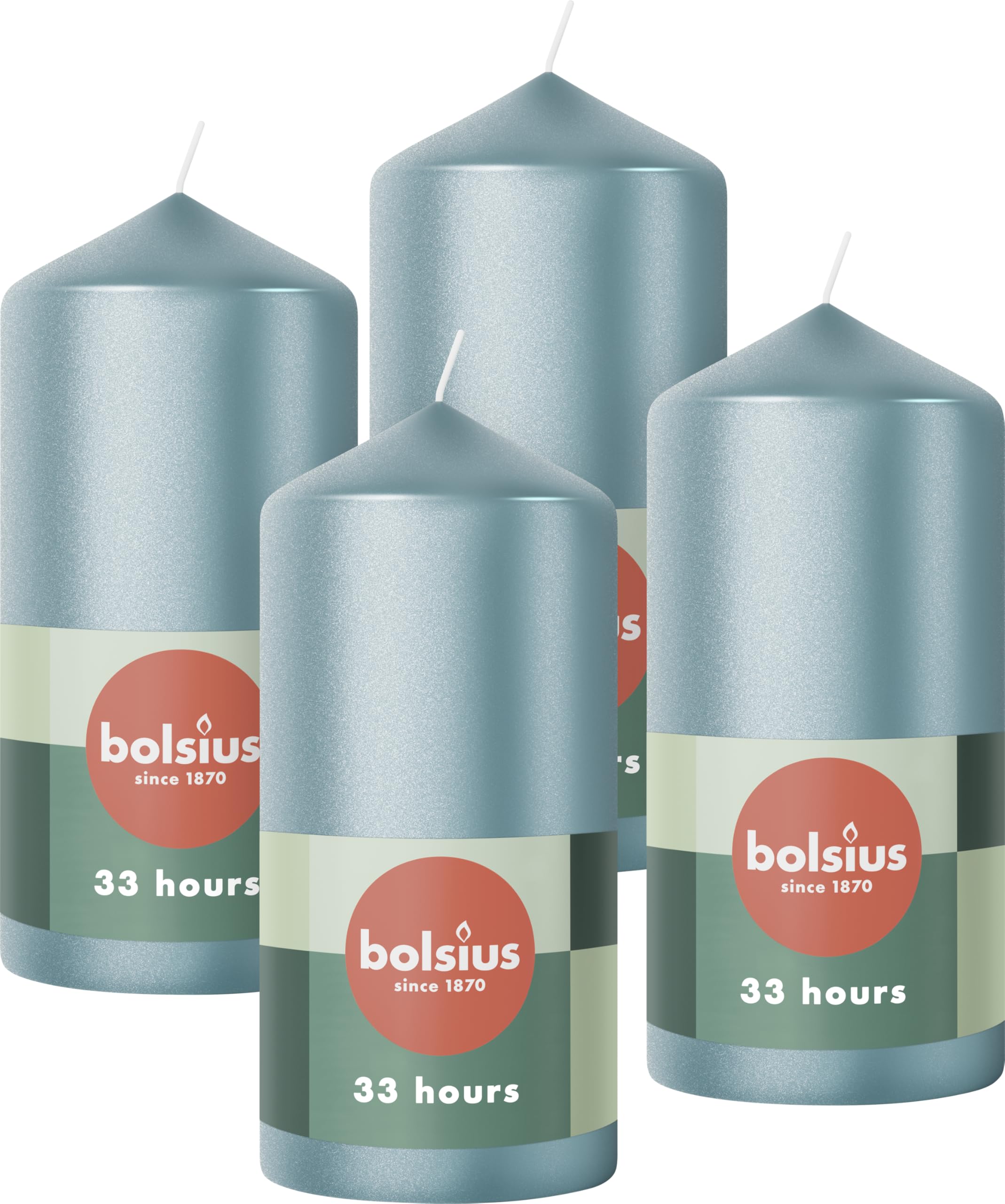 Bolsius Pillar Candles - Metallic Blue - 4-Pack - 12 x 6 cm - Long Burning Time of 33 Hours - Decorative Household Candles - Unscented - Includes Natural Vegan Wax - Without Palm Oil