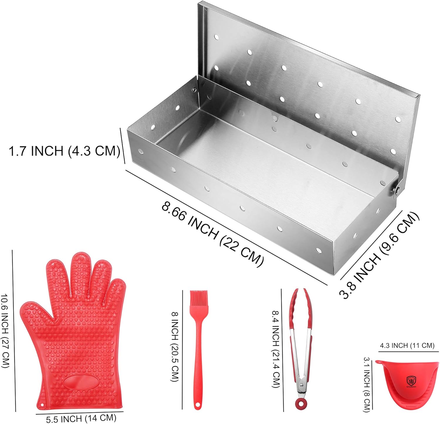 YK GDYORKITCHEN Smoker Box - Stainless Steel Gas Grill Smoker Box for BBQ Grill Wood Chips, Free Silicone Brush & 7 Inch Silicone Tong and Bonus Silicone Glove & Silicon Oven Mitt - for Gifts: Garden & Outdoor