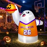 fotako 5FT Halloween Inflatable Decoration Outdoor Blow Up Slam Dunk Ghost | Built-in Full-Body Bright LED Lights with Pumpkin Basketball Blowup Sports-Themed Lawn for Yard Party