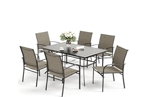 SUNSHINE VALLEY Patio Dining Set 7 PCS, Rectangular Steel Dining Table with 1.57" Hole, Brown Stable Dining Chairs for 6,Patio Table and Chairs for Outdoor Lawn Garden,Deck.