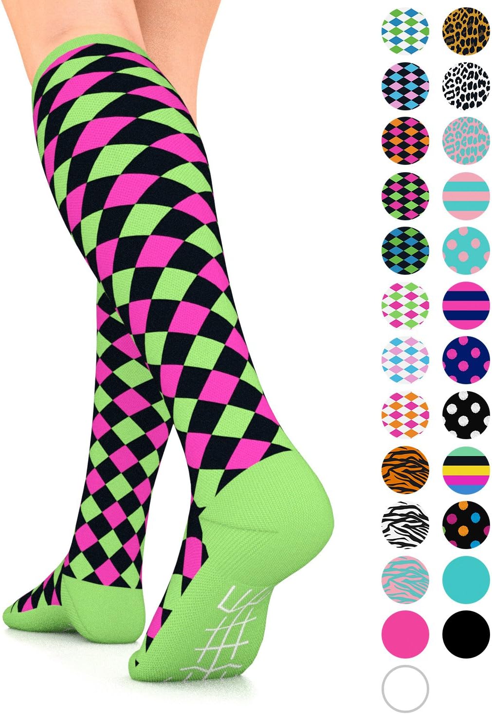 GO2 Compression Socks for Women Men Nurses Runners 15-20 mmHG (medium) - Medical Stocking Maternity Travel - Best Performance Recovery Circulation Stamina (Harl Black Pink Green, Medium)