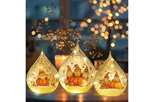 NEEDOMO Thanksgiving Table Decor, Set of 3 Teardrop Crackle Glass Ball with LED Lights Timer Pumpkin Gnomes for Fall Decor, Autumn Centerpieces Thanksgiving Decorations for Home Tabletop Mantel Indoor