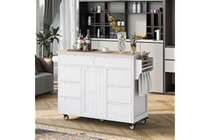 RITSU Mobile Cart with Rubber Wood Countertop, Kitchen Island on Lockable Wheels w/Drawer and Storage Cabinet for Dining Room, Bar, White, 53.15Inch