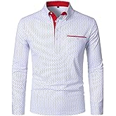 HOOD CREW Mens Fashion Polka Dot Collared Shirts with Pocket Long Sleeve Slim Fit Dress Polo Shirt for Men