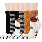 Jspupifip 6 Pairs Fuzzy Socks for Women Cute Fluffy Cozy Thick Warm Animal Cat Socks for Women Girls Winter Causal Home Sleeping Festival Party