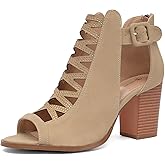 NEWBELLA Women's Peep Toe Chunky Heel Booties Block Heel Ankle Strap Buckle Open Toe Cutout Dress Sandals for Party