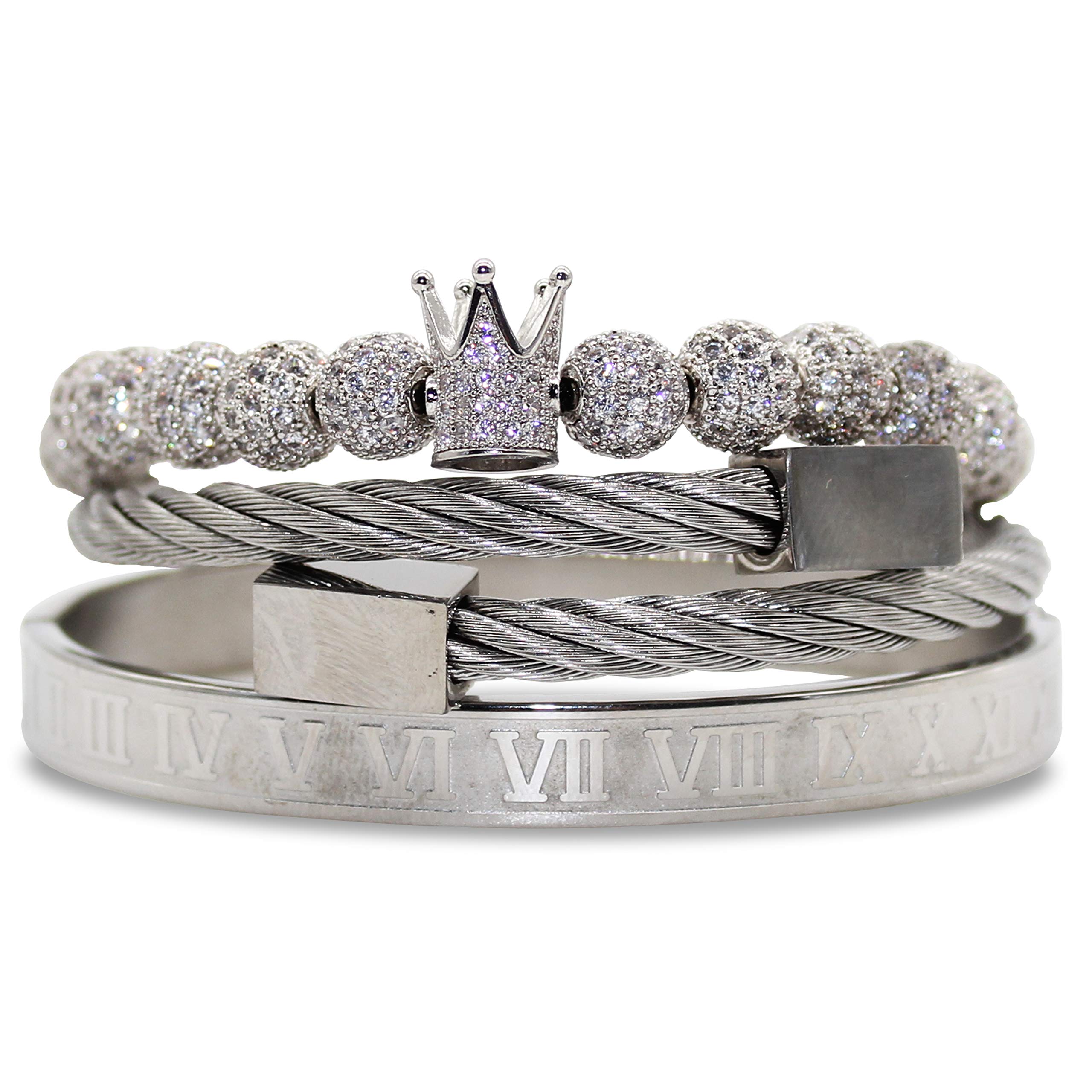 Cutenation Imperial Crown King 18K Gold CZ Beads Bracelet Luxury Charm Fashion Bangle for Men Women (E Silver)