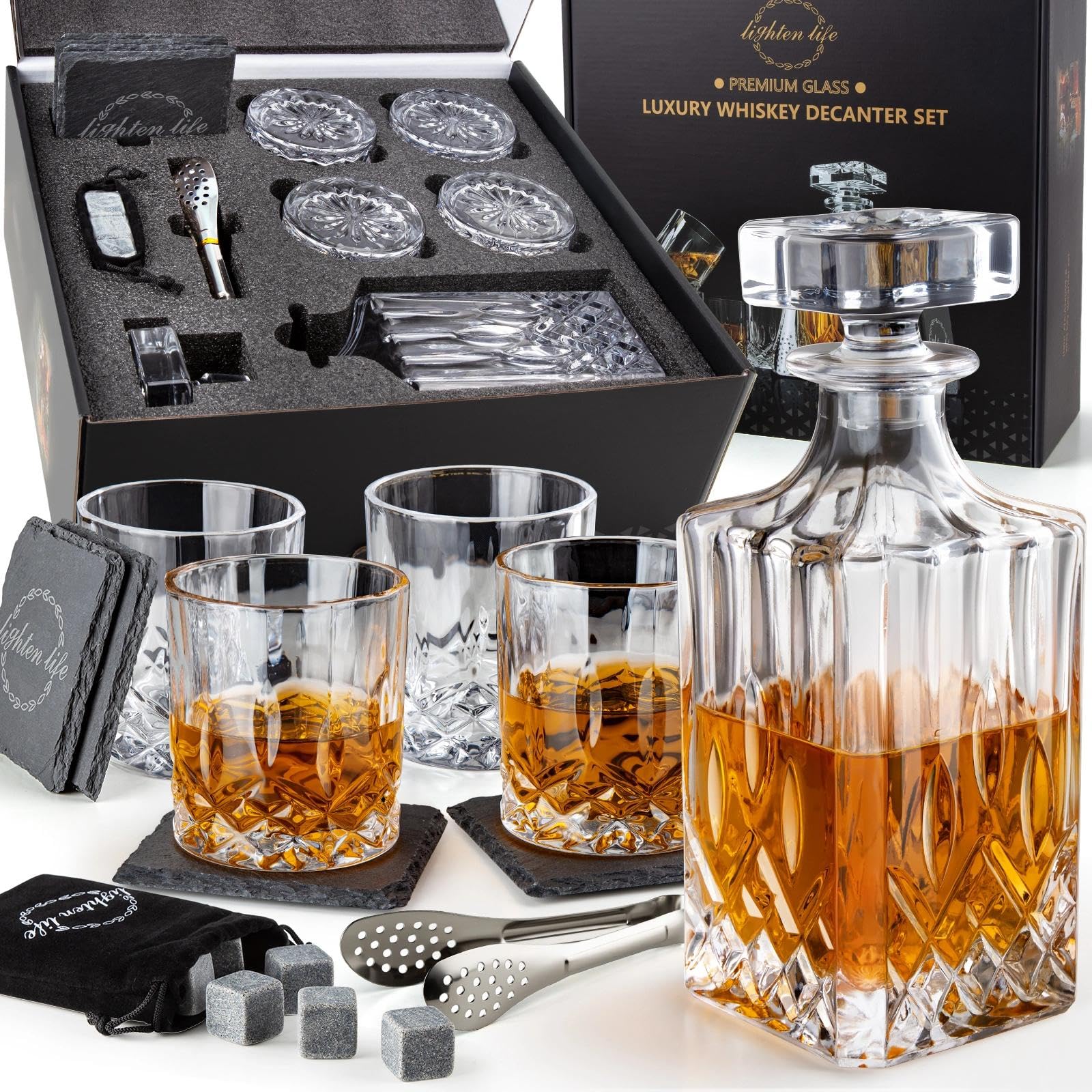 Photo 1 of LIGHTEN LIFE Whiskey Decanter Set with Bar Accessories,Crystal Whiskey Decanter and Glass Set in Gift Box,Non-Lead Bourbon Decanter Set for Rum Scotch,Wedding Anniversary Birthday Gift for Men Him Dad