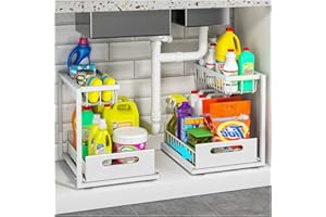 ONLYOILY L-Shape Under Sink Organizer 2 Pack, Two Tier Pull Out Kitchen Bathroom Organizers and Storage, Slide Out Sink Shelf Cabinet Storage Shelves, Multi-Purpose Cabinet Organizer Shelf for Home, White