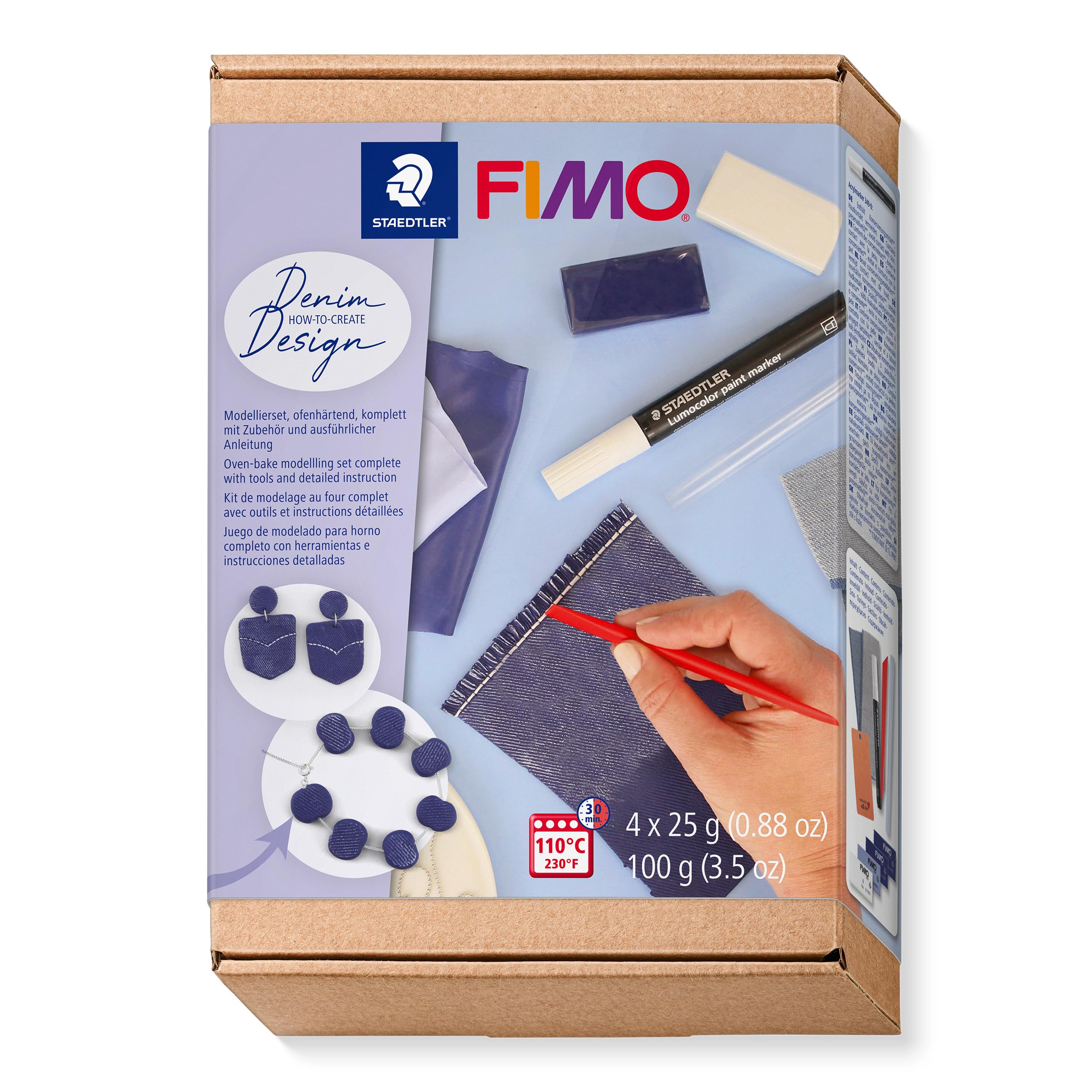 STAEDTLER 8025 HTC2 FIMO Oven-Hardening Polymer Modelling Clay - How-to-Create-Set, Denim Effect (Pack of 8 Pieces Including FIMO Soft Blocks and Accessories)