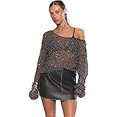 MakeMeChic Women's Sequin Crochet Sheer T Shirt Swimsuit Cover Up Beach Hollow Out Long Sleeve Tops