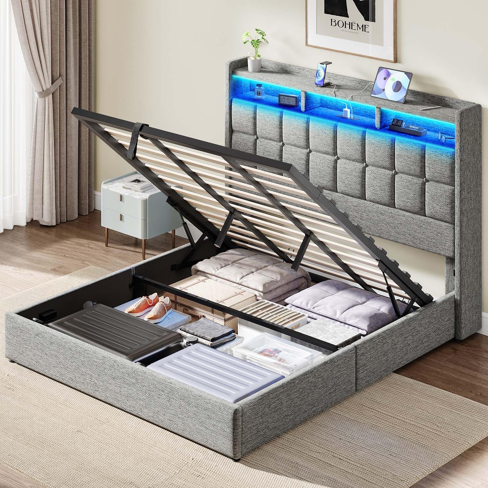 Photo 1 of  missing parts     Driftalia Lift Up King Size Bed Frame with Storage, Upholstered King Bed Frame with Charging Station and LED Lights Headboard, No Box Spring Needed, Easy Assembly - Light Grey
