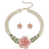 EVER FAITH Crystal Flower Collar Necklace, Gold Plated Layered Tennis Chain Spring Blooming Rose Statement Choker Necklaces Stud Earrings Boho Party Prom Jewelry Accessories for Women