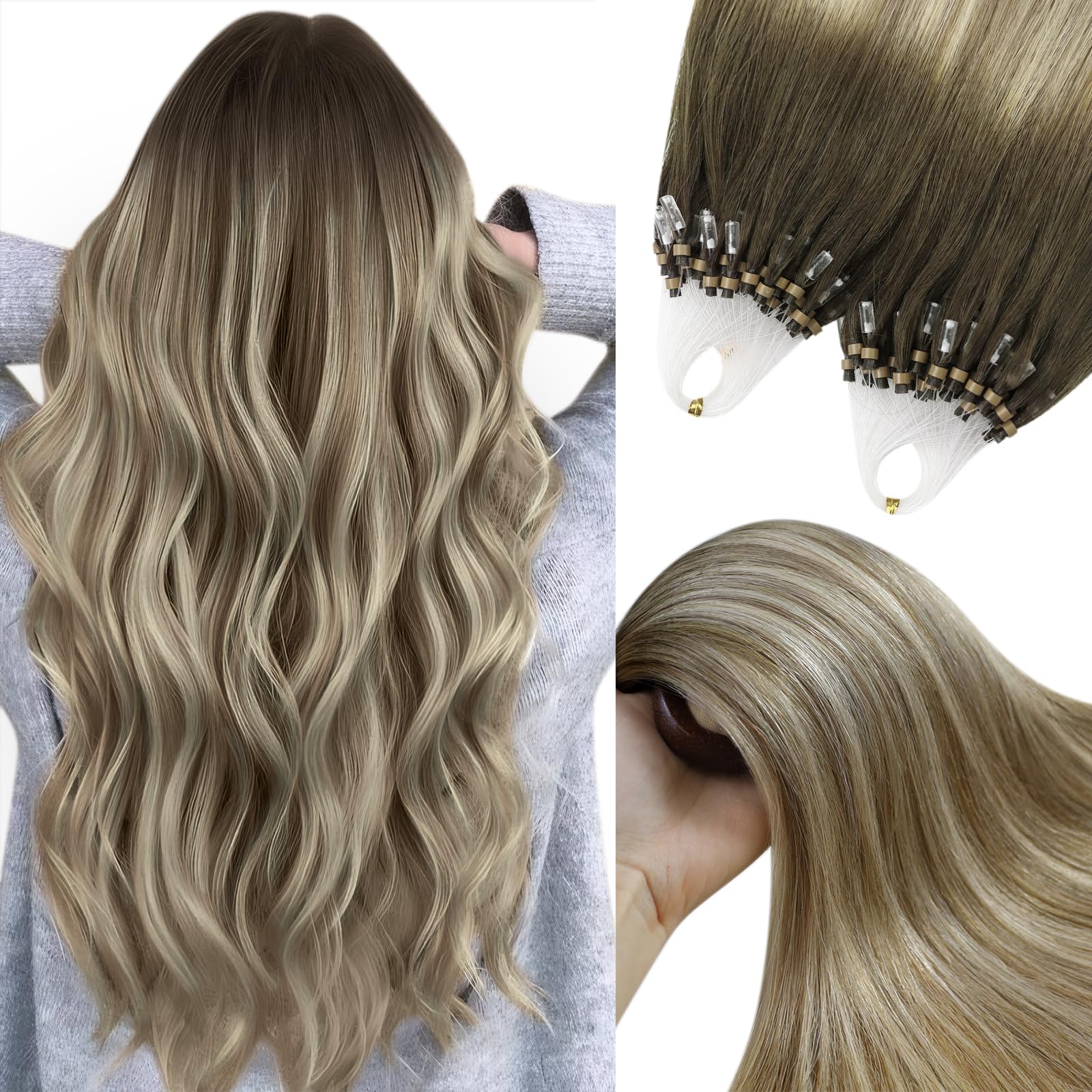 YoungSee Micro Beads Hair Extensions Ombre 16inch,50g Micro Loop Human Hair Extensions,Tiny Attachment,Dark Brown Ombre Light Brown with Blonde,Silky Straight 50s,Cold Fusion,Smooth Texture — image 1