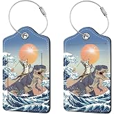 2 Pcs Luggage Tags for Suitcase, Cute Unique PU Leather Travel Bag Tag with Privacy Cover ID Label Address Card and Durable Metal Ring Suitable for Men Women Children Backpack,Cat Riding Dinosaur