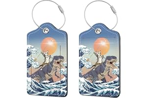 ANIKATHY 2 Pcs Luggage Tags for Suitcase, Cute Unique PU Leather Travel Bag Tag with Privacy Cover ID Label Address Card and Durable Metal Ring Suitable for Men Women Children Backpack,Cat Riding Dinosaur