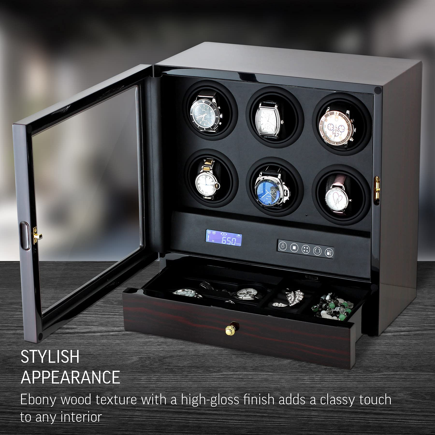Watch Winder for Automatic Watches with Storage Drawer, LED Light, LCD Display and Remote Control (Ebony + Black)