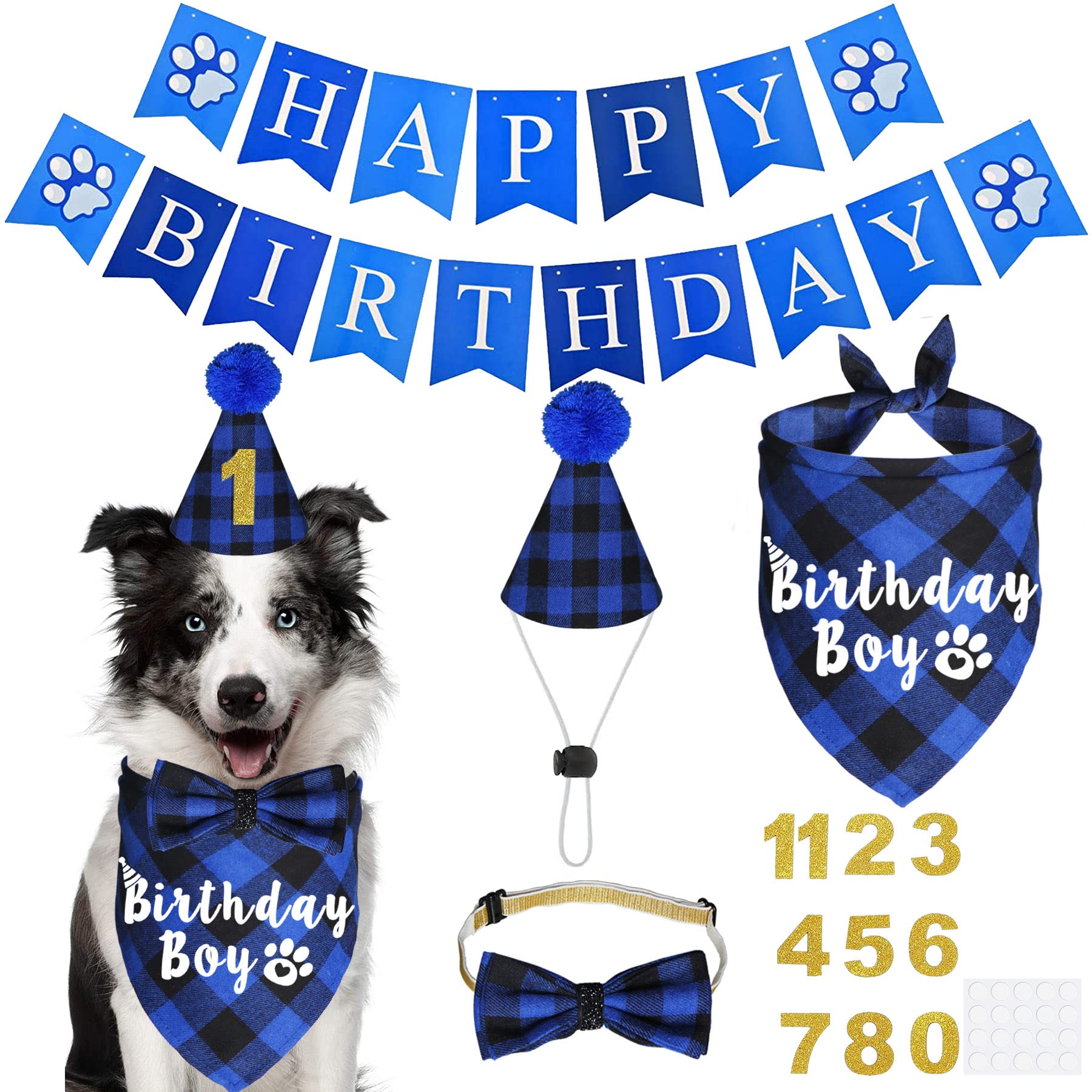 JOTFA Plaid Dog Bandanas with Birthday Boy Hat & Bow Tie - Numbered for Small, Medium, Large Dogs (Blue)