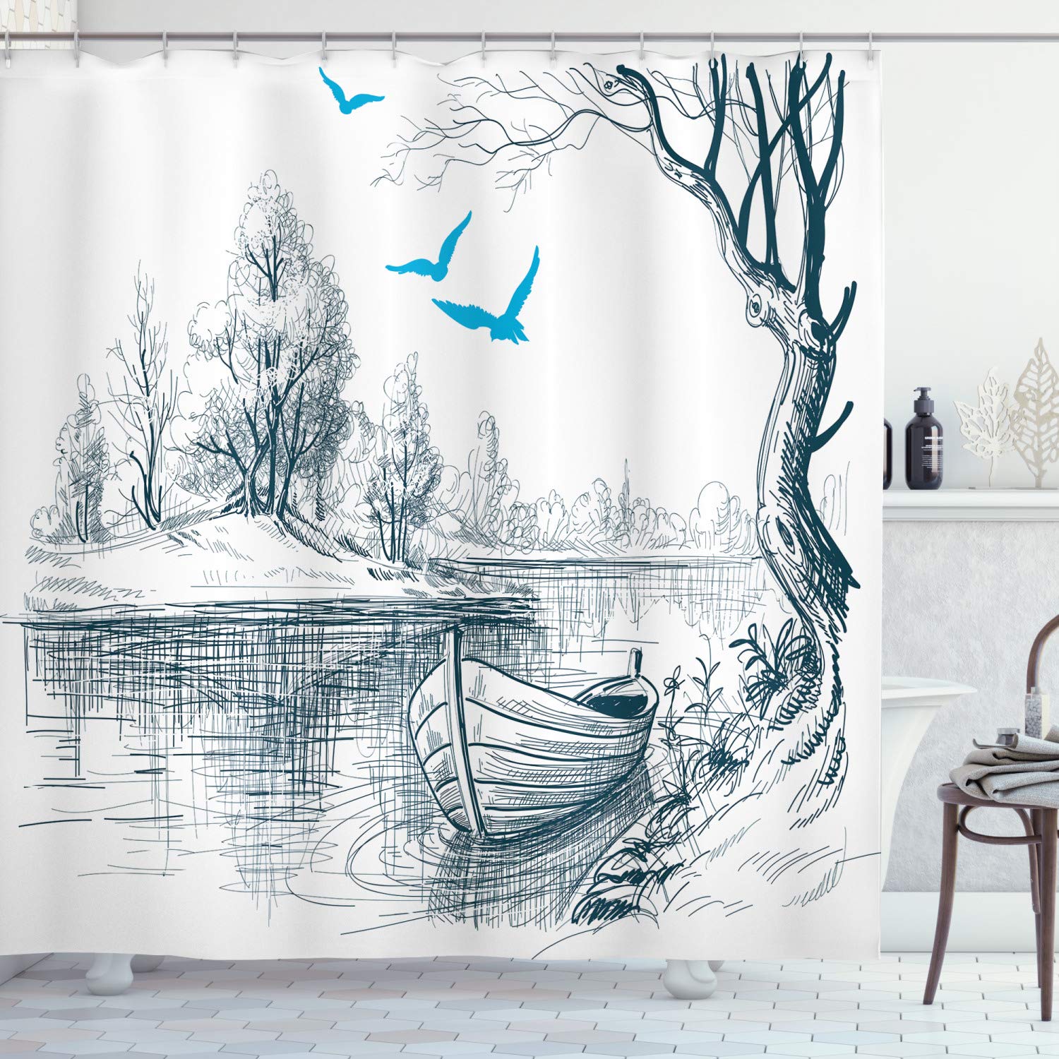 ABAKUHAUS Landscape Shower Curtain, Boat on Calm River Trees Birds Twigs Sketch Drawing Clipart Water Minimalist, Cloth Fabric Bathroom Decor Set with Hooks, 175 x 200 cm, White Grey Blue
