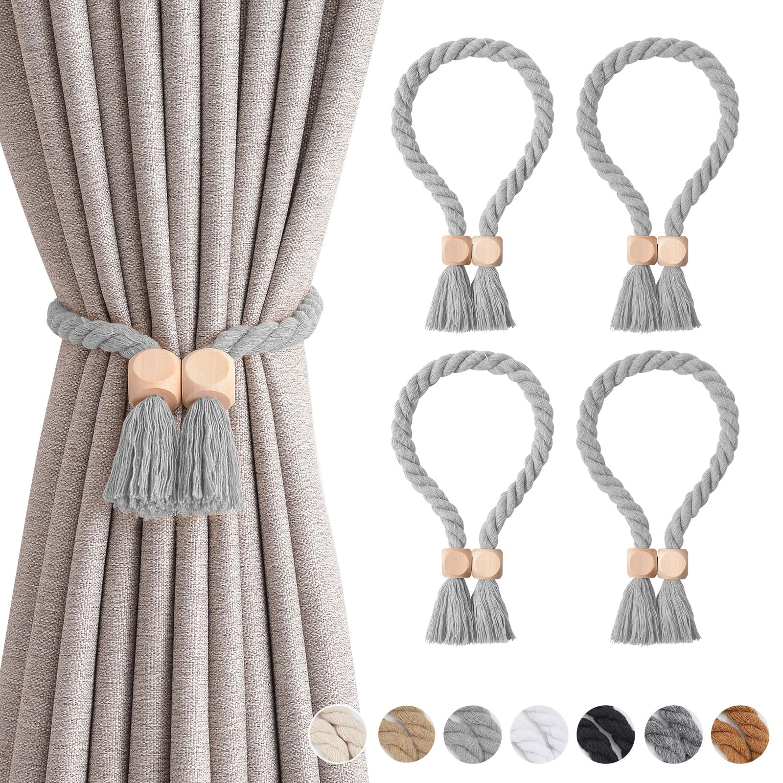 Pretty Jolly 4 Pack Wooden Cube Magnetic Curtain Tiebacks Boho Home Decor Drape Tie Backs Natural Cotton Hand Woven Rope Curtain Holdbacks for Thin & Thick Home & Office Window Draperies (Light Grey)