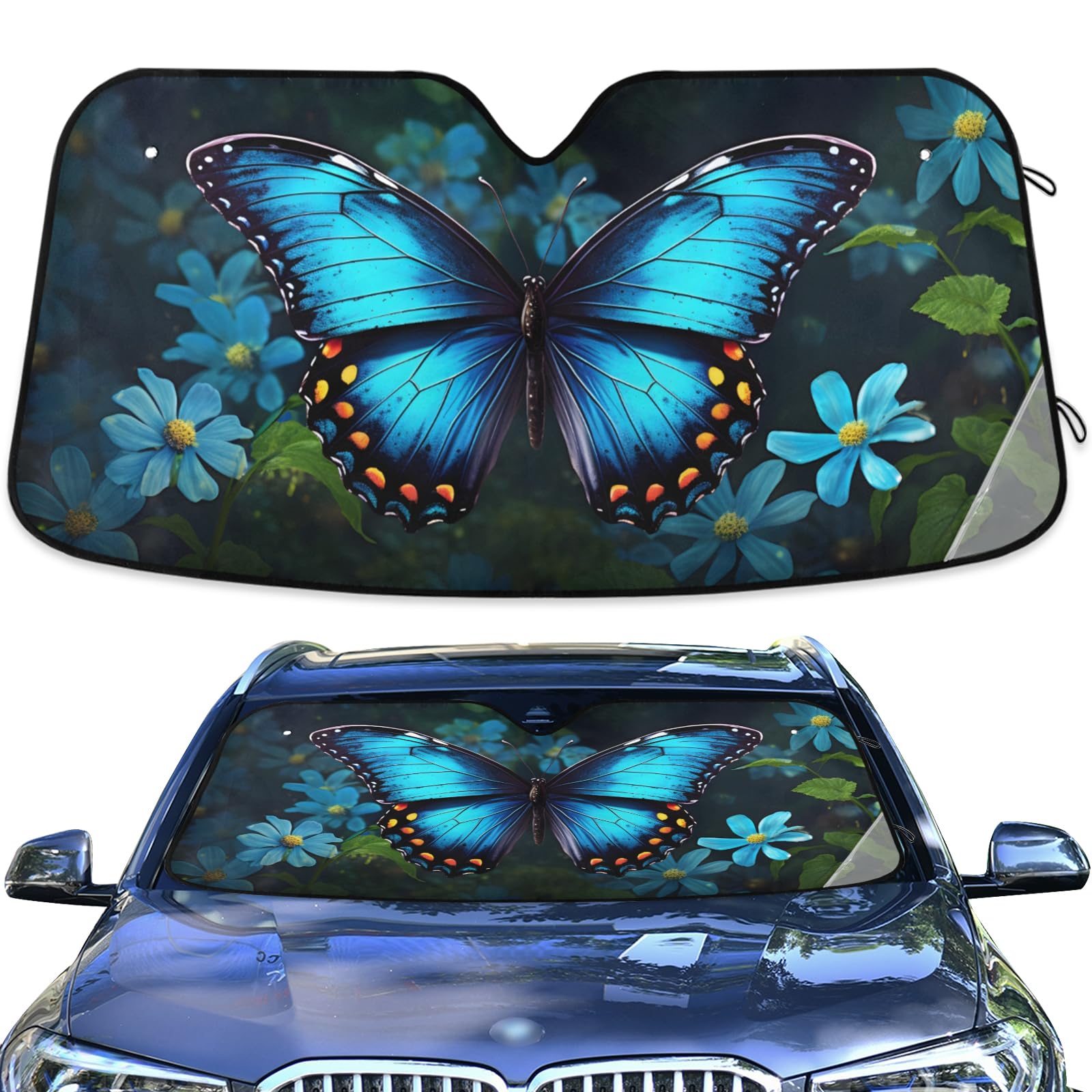 Photo 1 of Blue Butterfly Windshield Sunshade Flower Car Sun Shade Protector for Small Car SUV Front Window