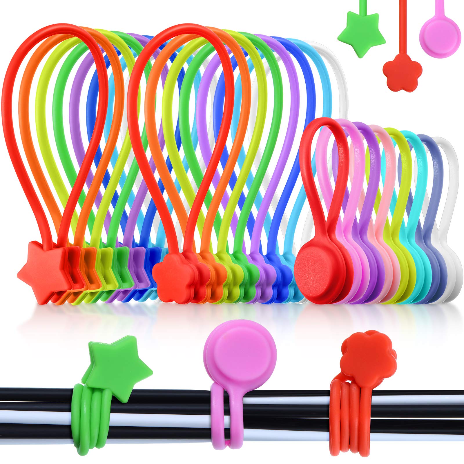 32 Pieces Magnetic Cable Ties Silicone Cable Management Clips Reusable Cord Clips Magnetic Cable Straps for Organizing, Holding Cables, 3 Shapes
