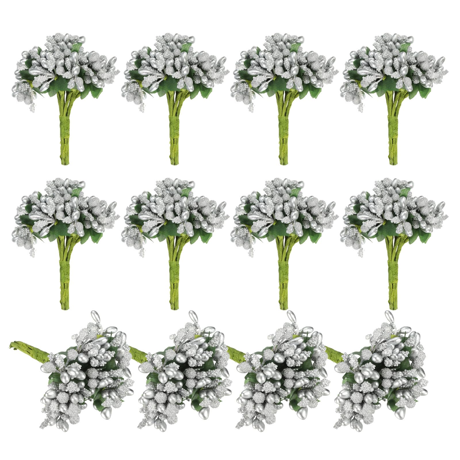 PATIKIL Mini Artificial Pip Berry Picks Bunch, 144Pcs Fruit Flower Stamens for Craft DIY Wreaths Wedding Floral Arrangements Decoration, Silver Tone