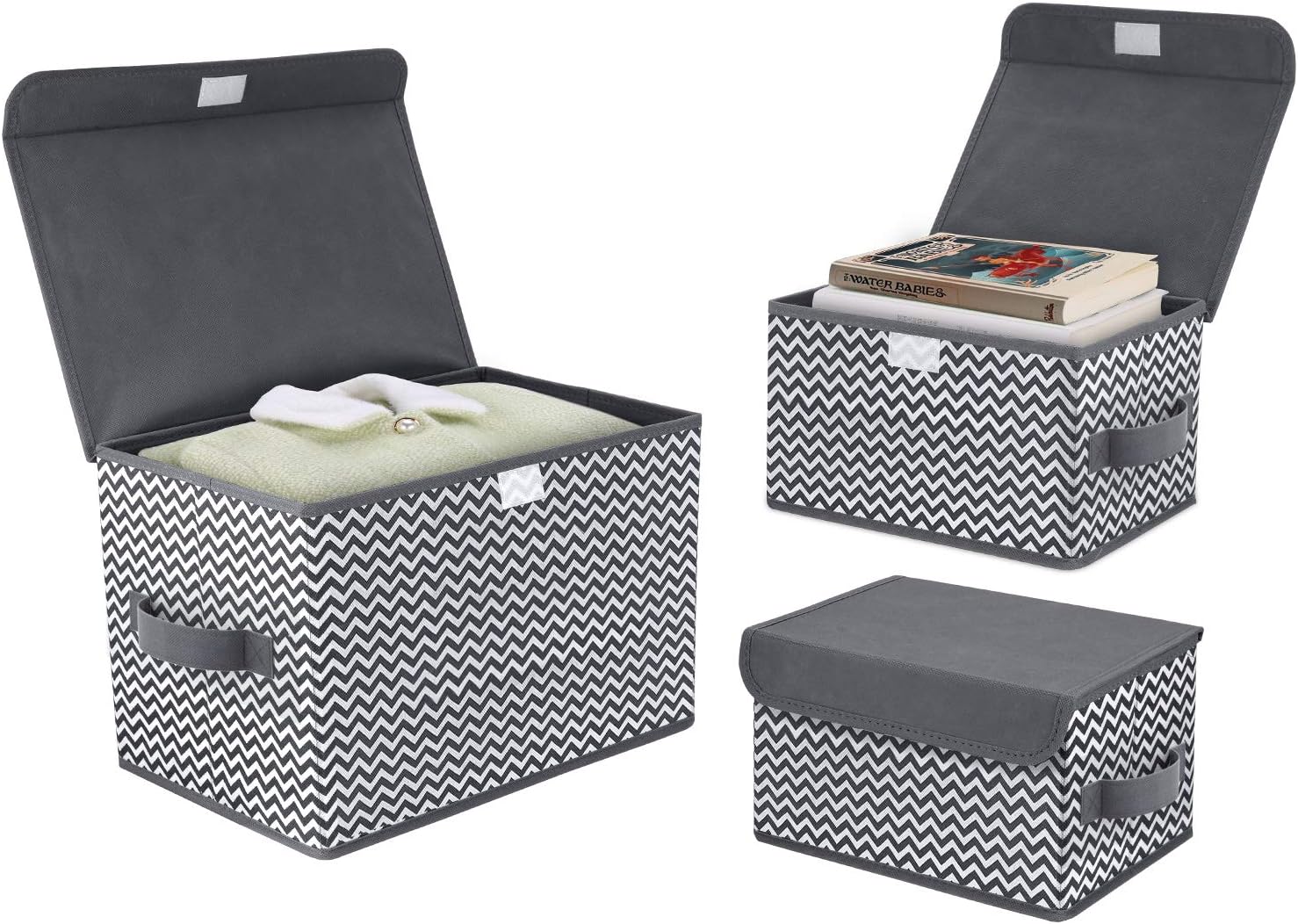 DIMJ 3 Pack Foldable Storage Boxes with Lids Collapsible Bin with Handle Fabric Basket Wardrobe Organiser Box for Clothes Toys