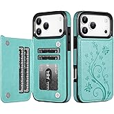 Korecase Compatible with iPhone 17 Pro Max Wallet Case Premium Embossed Butterfly Flower Credit Card Slots Double Magnetic Buttons Flip Shockproof Protective Cover Case - Mint Green
