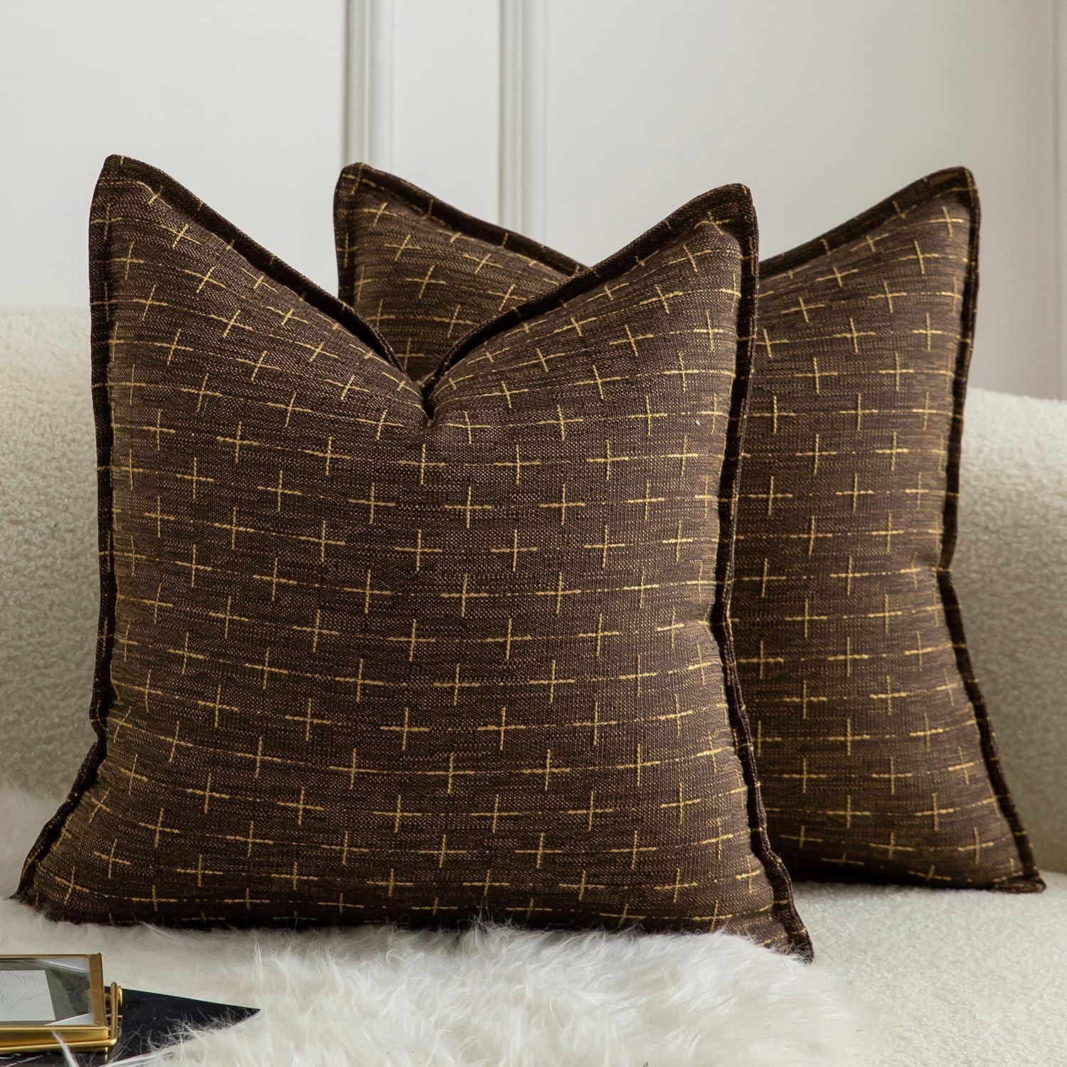 Mandioo Pack of 2 Burlap Linen Cushion Covers Woven Textured Modern Farmhouse Throw Pillow Cases Decorative Couch Sofa Bed Living Room 16 x 16 Inch 40x40 cm Deep brown