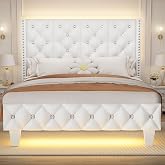 Upholstered Full Size Bed Frame with Headboard &amp; LED Lights, White | PU Leather High Platform Bed Frame, Modern Diamond &amp; Rivet Wingback Design, No Box Spring Needed, Noise Free, Easy Assembly