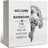 DAYOUER Funny Goldendoodle Bathroom Decor, Goldendoodle Gifts Black and White Golden Doodle Dog Wooden Box Sign, Wood Signs for Bathroom Toilet Restroom Counter Shelf Wall Decoration 5x5 Inch