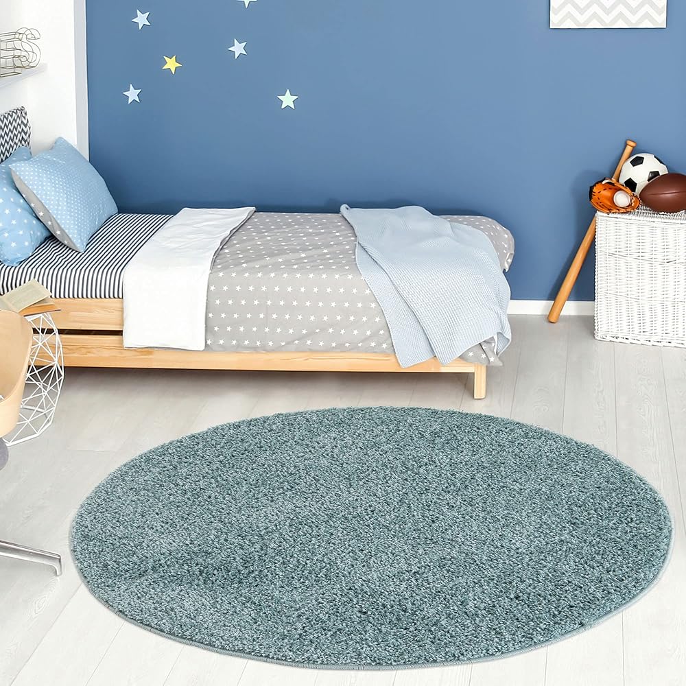 THE RUGS Round 120cm Duckegg Blue Shaggy Living Room Rug
