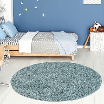 THE RUGS Round 120cm Duckegg Blue Shaggy Living Room Rug