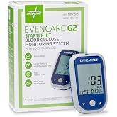 Medline EvenCare G2 Blood Glucose Monitor Starter Kit, Diabetic Care, 6 Sec Results, General Purpose Lancing Device &amp; Lancets, Test Strips, Batteries, Guide, Carrying Case, Logbook, Voice Guidance
